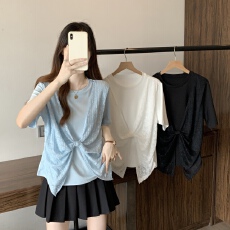 批发假两件蕾丝拼接短袖t恤女夏季<b class='q'>大码</b>胖mm设计感扭结短款上衣<b class='q'>打底衫</b>