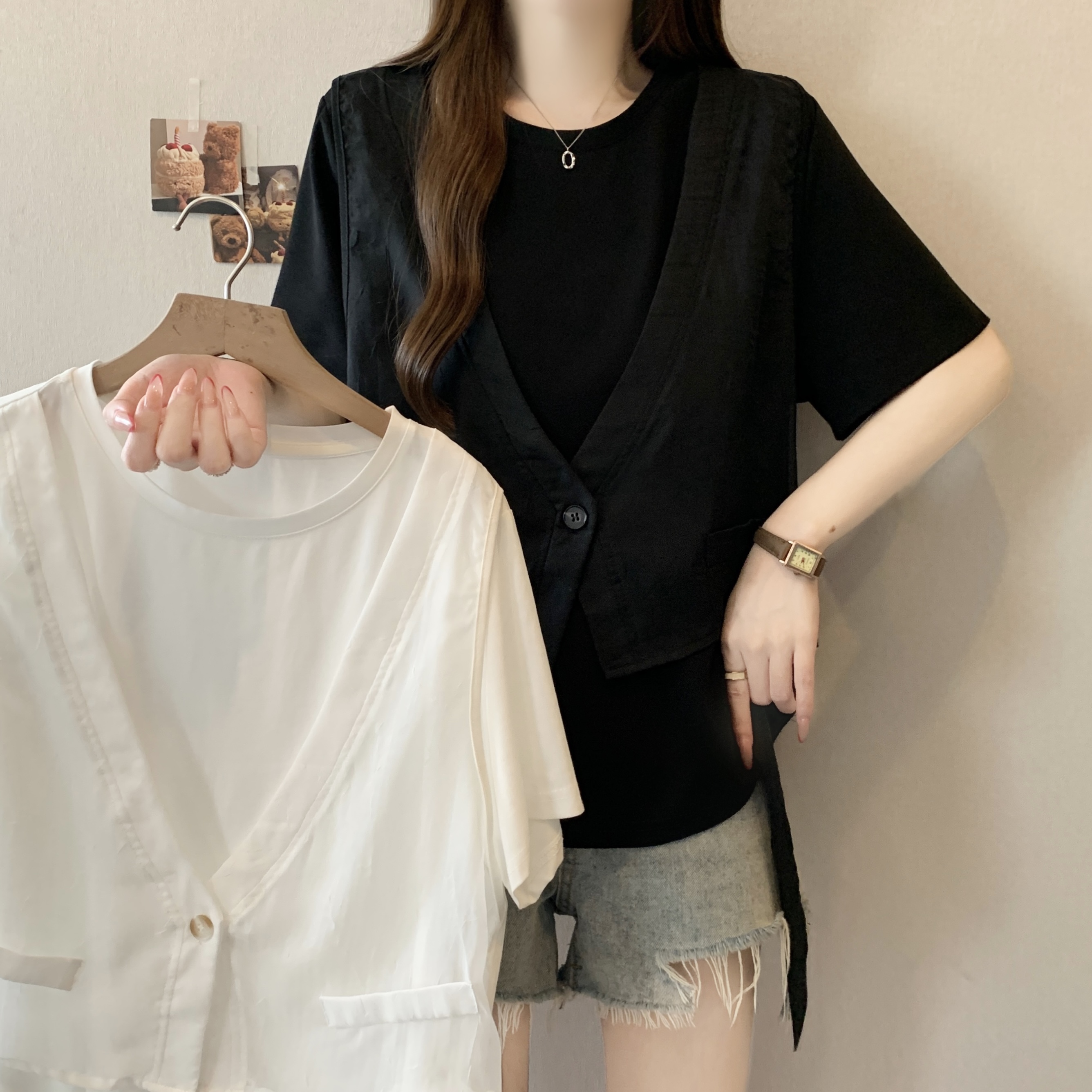 지방 mm 고유 한 슈퍼 잘 생긴 Tulle 베스트 조끼 페이크 레이어드 반팔 티셔츠 루즈핏 맨위 여성 2026 여름 새로운