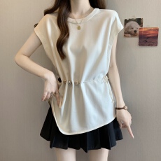批发法式气质白色不规则小飞袖t恤女胖MM显瘦特别好看的掐腰上衣