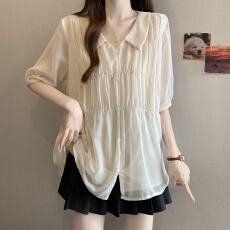 批发胖MM2026夏新款时尚简约气质百搭V口翻领抽皱雪纺衬衫小衫