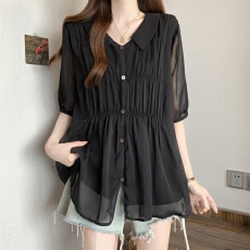 批发胖MM2026夏新款时尚简约气质百搭V口翻领抽皱雪纺衬衫小衫