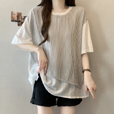 批发胖MM独特设计感不规则天丝棉衬衫假两件短袖T恤宽松上衣女夏新款