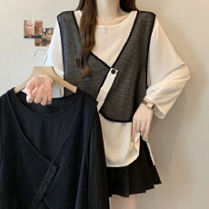 批发胖MM独特设计感小众背心马甲短袖T恤衬衫宽松假两件上衣女夏新款