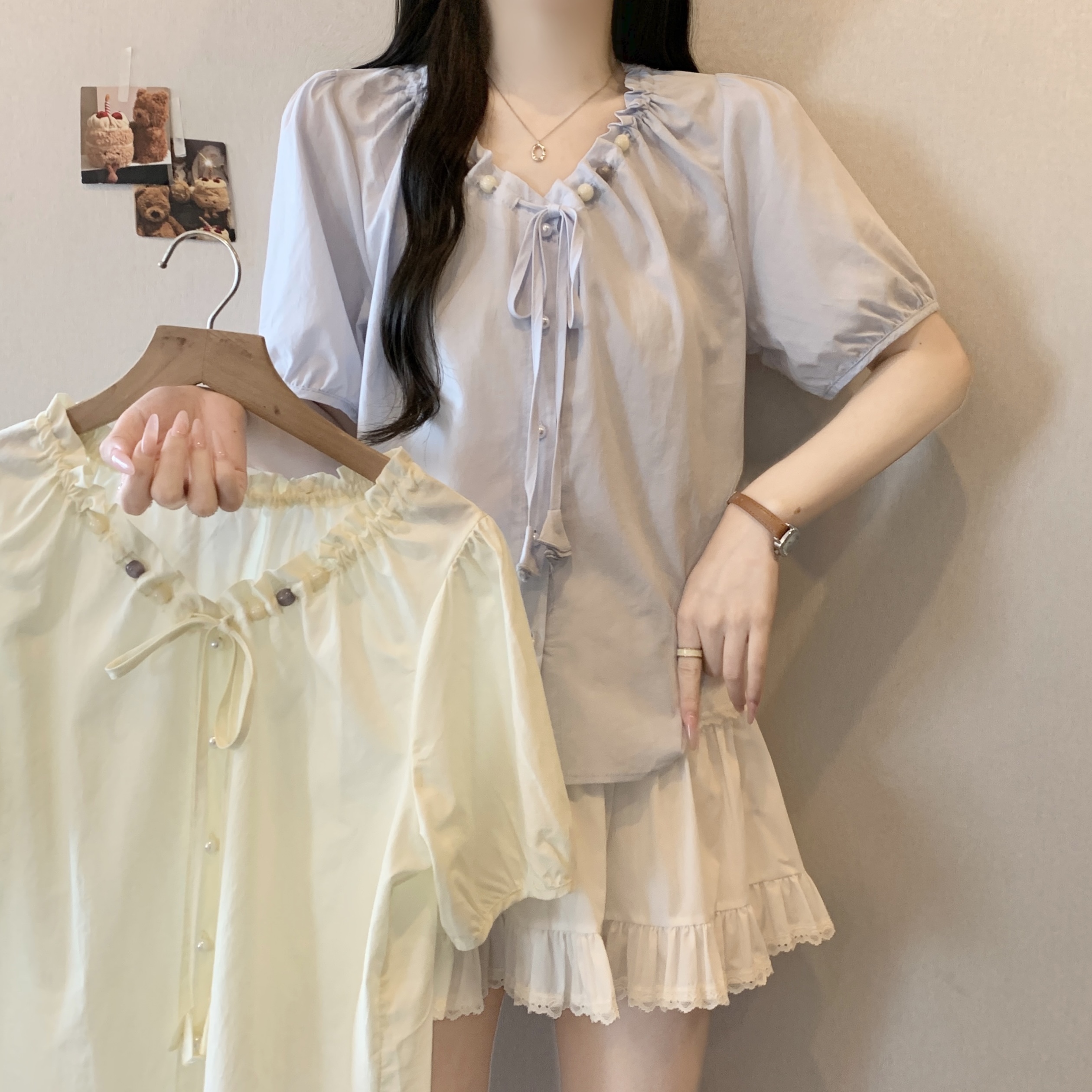 지방 mm 달콤함 귀여운 바람 프랑스식 거품 소매 여성 셔츠 여름 펌프 로프 장식 공 꽃 칼라 우아함 연령 감소 맨위