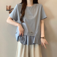 批发2026新款爆款拼接短袖T恤大码女装胖mm<b class='q'>夏</b>季宽松大版遮肚高级上衣