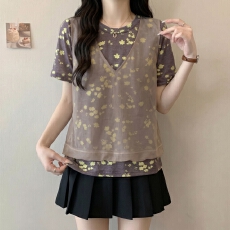 批发胖MM假两件<b class='q'>碎花</b>短袖上衣女夏季宽松显瘦V领通勤<b class='q'>衬衫</b>