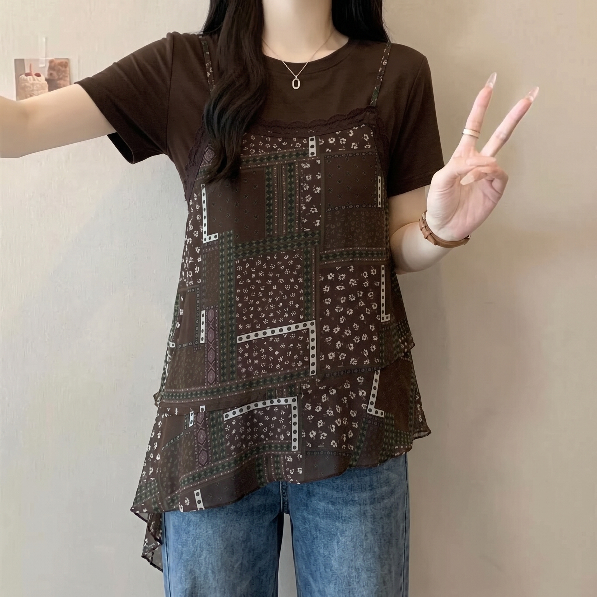 지방 mm 레트로 항구 바람 패치워크 페이크 레이어드 티셔츠 리본 여성 얇은 스타일 다용도 슬림해 보이는 표지 배 프린트 맨위