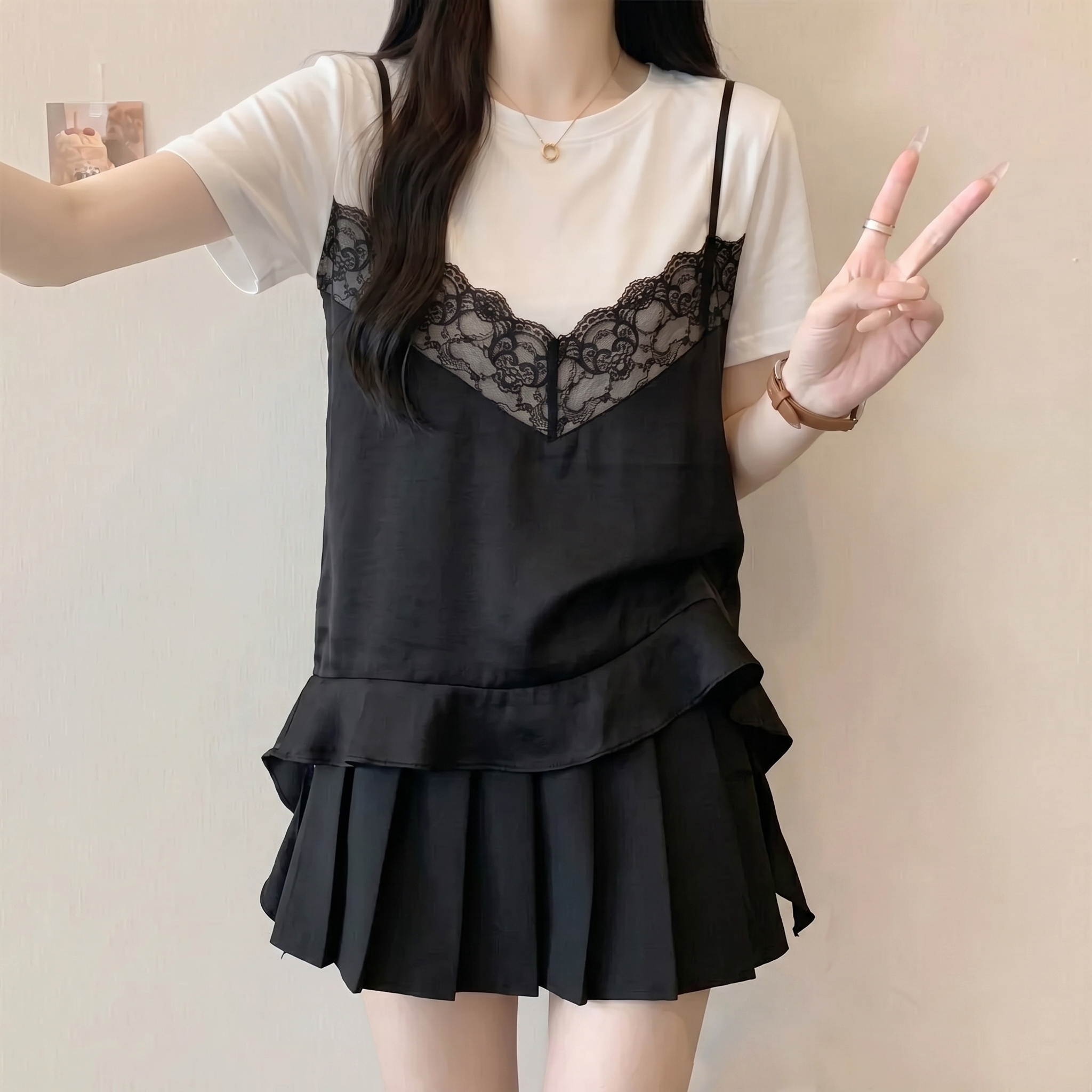 지방 mm 여름 새로운 라운드 넥 페이크 레이어드 슬립 레이스 자수 패치워크 리본 반팔 티셔츠 여성 셔츠