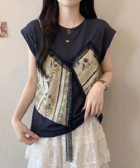 지방 mm 여름 작은 대중 패션 라운드 넥 패치워크 레이스 루즈핏 캐주얼 연령 감소 다용도 슬림해 보이는 반팔 티셔츠 여성