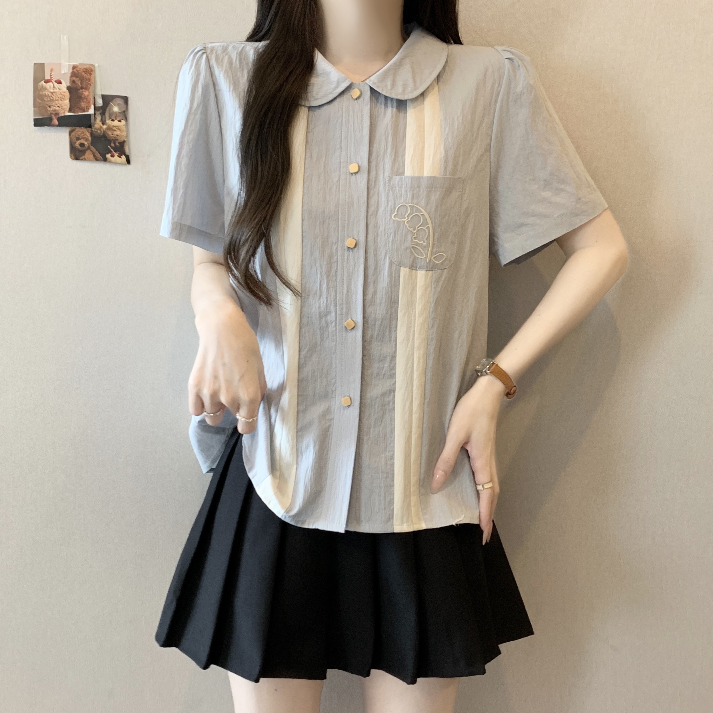 지방 mm 그라데이션 블루 릴리 오브 더 밸리 자수 배색 반팔 베이비 칼라 여성 셔츠 여름 문예 레트로 루즈핏 맨위