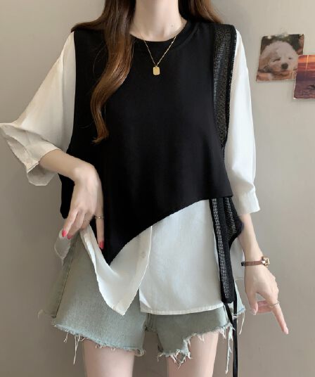 지방 mm 배색 페이크 레이어드 패치워크 반팔 여성 셔츠 2026 새로운 루즈핏 슬림해 보이는 주간 실크 작은 셔츠 맨위