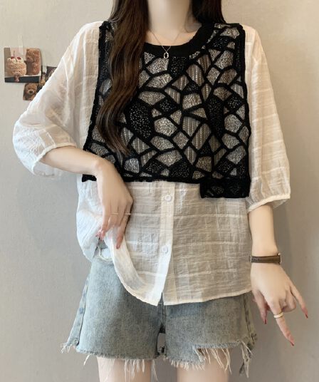 지방 mm 고유 한 슈퍼 잘 생긴 프랑스식 거품 소매 레이스 베스트 조끼 반팔 셔츠 페이크 레이어드 쉬폰 블라우스 맨위