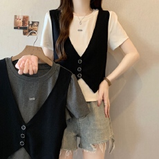 批发胖MM时髦洋气拼接假两件短袖T恤女2026夏季新款气质显瘦遮肉上衣