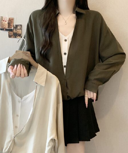 빅 사이즈 지방 mm 자이언트 잘 생긴 ~ 중 이른 가을 여성 셔츠 느슨함 센스 착용 가져 가라. 페이크 레이어드 V넥 긴팔 맨위
