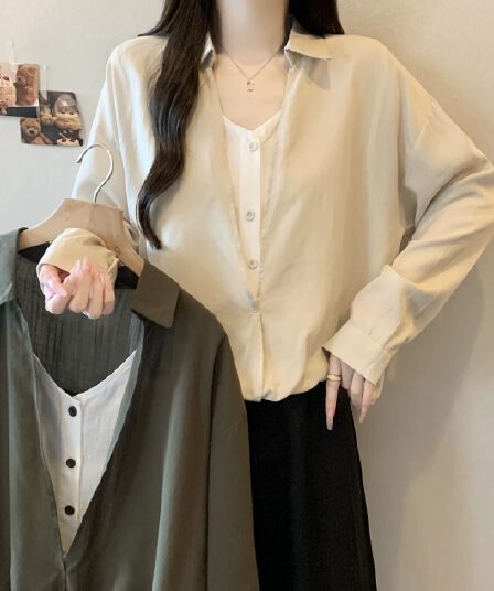 빅 사이즈 지방 mm 자이언트 잘 생긴 ~ 중 이른 가을 여성 셔츠 느슨함 센스 착용 가져 가라. 페이크 레이어드 V넥 긴팔 맨위