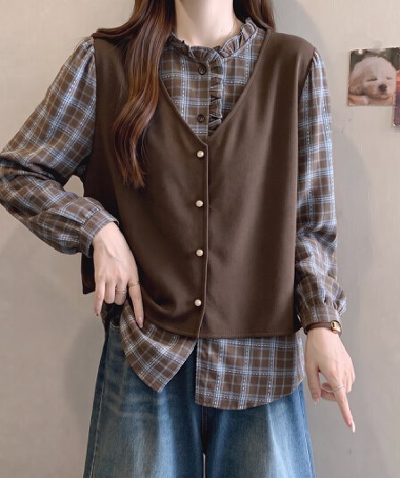 빅 사이즈 지방 mm 레트로 페이크 레이어드 체크무늬 패치워크 여성 셔츠 2026 가을 새로운 긴팔 루즈핏 맨위