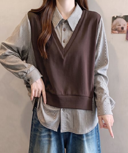 지방 mm 문예 레트로 페이크 레이어드 폴로 칼라 긴팔 여성 2026 가을 새로운 체크무늬 패치워크 POLO 칼라 맨위