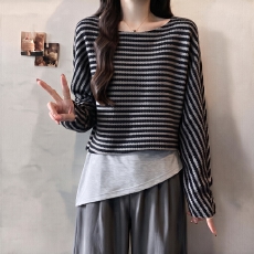 批发胖MM慵懒风撞色条纹长袖<b class='q'>罩衫</b>叠穿不规则吊带秋季新款<b class='q'>针织衫</b>上衣
