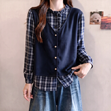 批发大码胖MM复古<b class='q'>假两件</b>格子拼接<b class='q'>衬衫</b>女2026秋季新款长袖宽松上衣