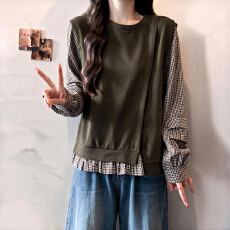 批发胖MM韩系格子<b class='q'>衬衫</b>拼接卫衣女2026秋冬季宽松独特别致<b class='q'>假两件</b>上衣