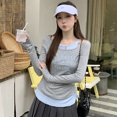 批发实拍大码胖mm春季休闲设计感百搭字母印花撞色假两件上衣T恤