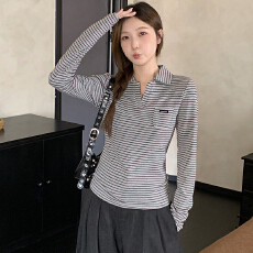 批发实拍春季大码胖mm韩系内搭洋气撞色V领T恤气质翻领条纹上衣