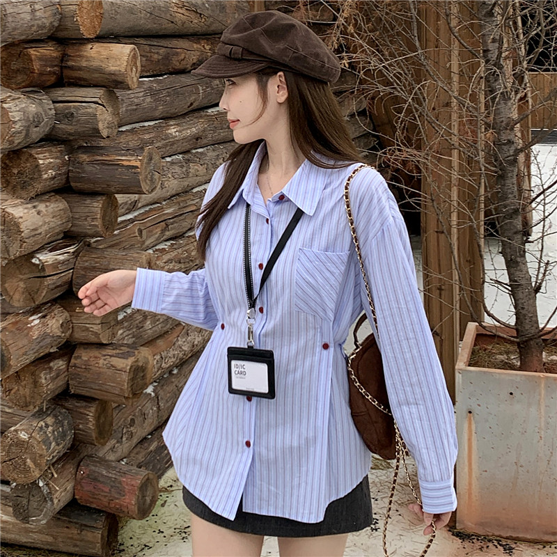 MY14022# 大码胖MM通勤休闲设计感衬衣韩系慵懒风百搭条纹衬衫上衣女裝貨源服裝批發