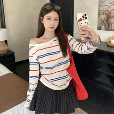 批发实拍大码春季韩系气质百搭设计感斜肩卫衣别致条纹露肩上衣t恤