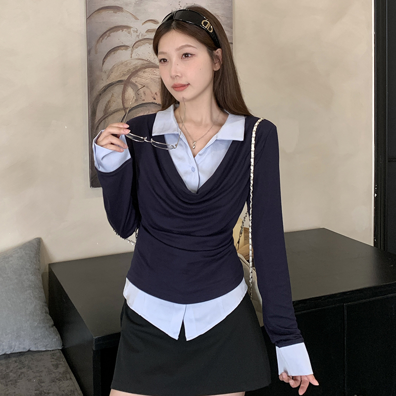 实拍大码秋季通勤气质荡领假两件t恤撞色polo领衬衫拼接别致上衣