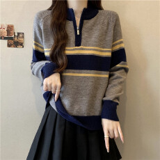 批发实拍秋<b class='q'>冬</b>大码韩系复古撞色拼接条纹半拉链毛衣百搭小众针织衫上衣