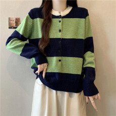 批发实拍秋<b class='q'>冬</b>大码韩系撞色条纹半开领套头毛衣时尚纽扣亨利领针织衫