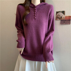 批发实拍秋冬大码设计感软糯打底针织衫上衣<b class='q'>文艺</b><b class='q'>范</b>连帽衫半纽扣毛衣