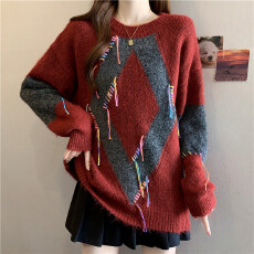 批发实拍秋冬大码慵懒风保暖软糯毛衣设计感流苏条菱形格上衣针织衫