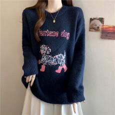 批发实拍大码秋冬氛围感软糯针织衫上衣独特斑点小狗字母刺绣毛衣