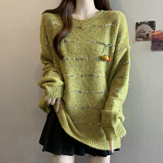 批发实拍秋冬大码慵懒风软糯毛衣设计感亮丝条纹小南瓜装饰针织衫上衣