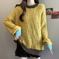 批发实拍大码秋冬韩系慵懒风保暖毛针织衫上衣设计感拼色软糯毛衣