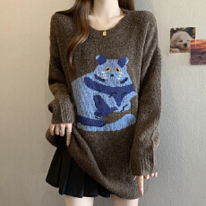 批发实拍秋冬大码休闲设计感萌宠提花猫咪毛衣温暖风上衣软糯针织衫