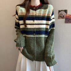 批发实拍大码mm秋冬韩系保暖毛衣开衫复古撞色条纹气质毛针织衫上衣