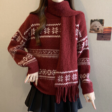 批发实拍大码秋冬圣诞氛围感红色毛衣费尔岛提花毛针织衫配流苏围巾