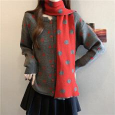 批发实拍大码秋冬韩系慵懒风气质波点毛衣外套配围巾针织衫开衫两件套