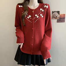 批发实拍<b class='q'>秋</b>冬大码小香风新年氛围感蝴蝶结钉珠针织衫甜美软糯圣诞毛衣