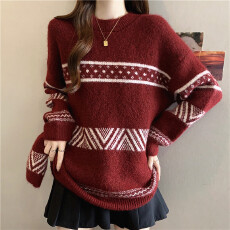 批发实拍大码<b class='q'>秋</b>冬费尔岛新年氛围感提花毛针织衫软糯圣诞毛衣配冷帽