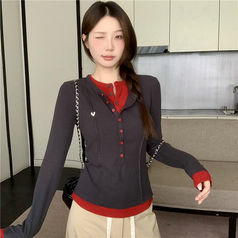 실사 봄 빅 사이즈 디자인 센스 단추 다용도 배색 기본 셔츠 페이크 레이어드 맨위 품격 Chic 티셔츠