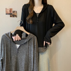 批发大码女装胖mm秋<b class='q'>冬</b>新款连帽假两件拼接显瘦长袖t恤针织打底衫上衣
