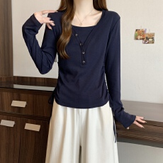 批发大码假两件设计感抽绳收腰显瘦小衫女2025秋季新款长袖上衣打底