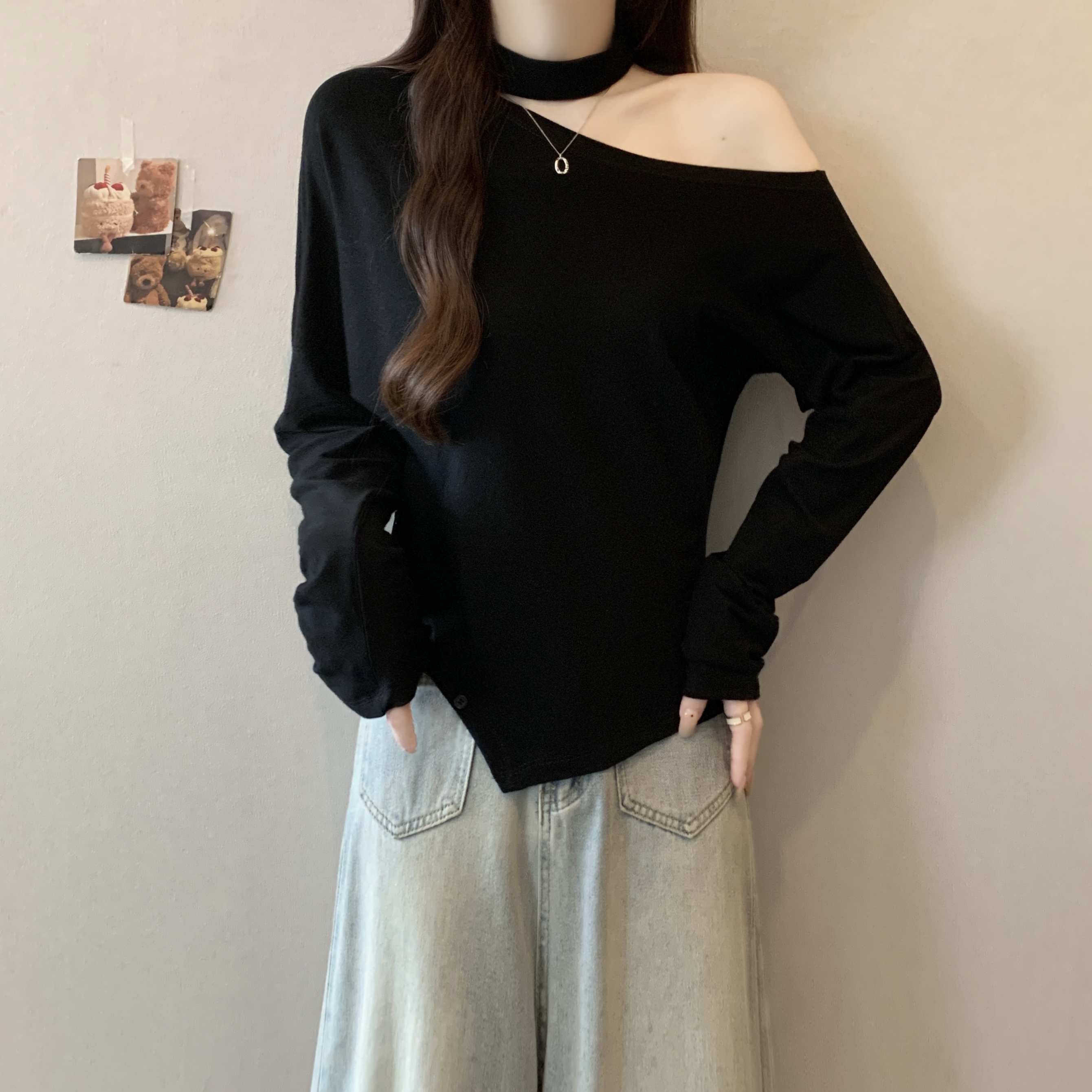 실사 빅 사이즈 지방 mm 디자인 센스 작은 심장 기계 행침 목 홀로우 아웃 오프숄더 외국 가스 다용도 티셔츠 맨위