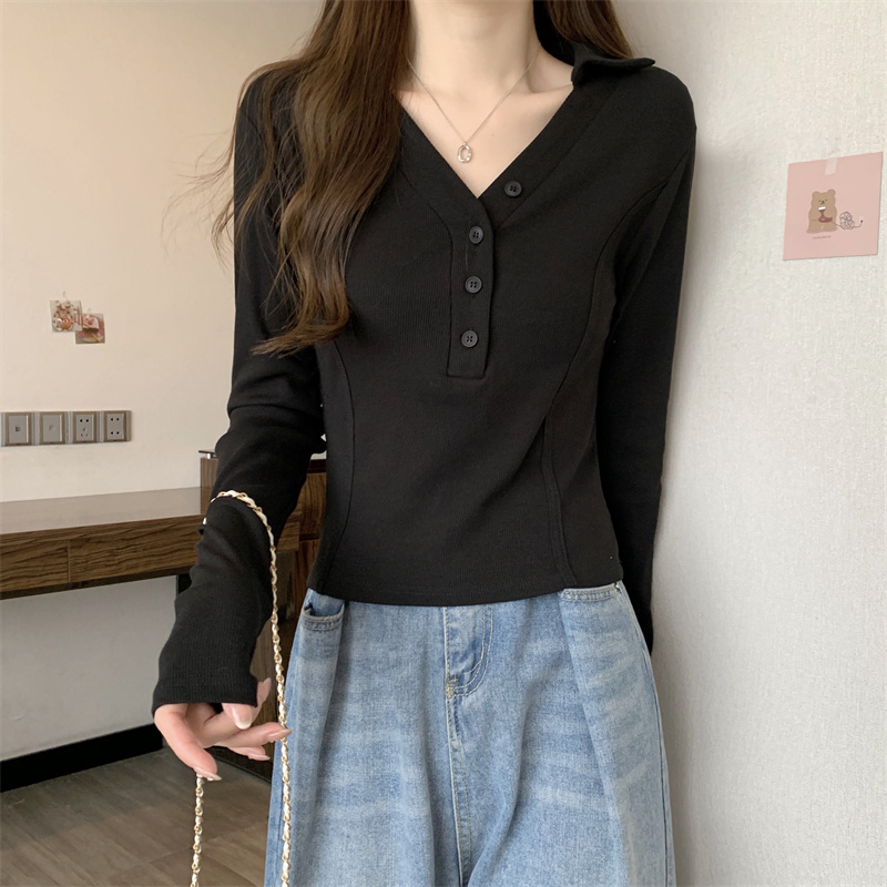 봄 새로운 V넥 어깨 패드 몸매 가꾸기 핫걸 긴팔 POLO 셔츠 여성 짧은 허리 수축 작은 대중 생선뼈 티셔츠