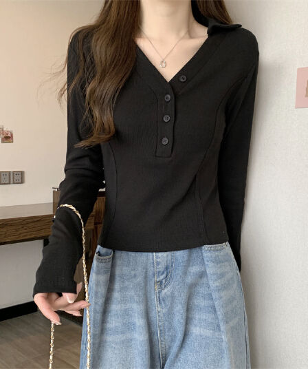 봄 새로운 V넥 어깨 패드 몸매 가꾸기 핫걸 긴팔 POLO 셔츠 여성 짧은 허리 수축 작은 대중 생선뼈 티셔츠