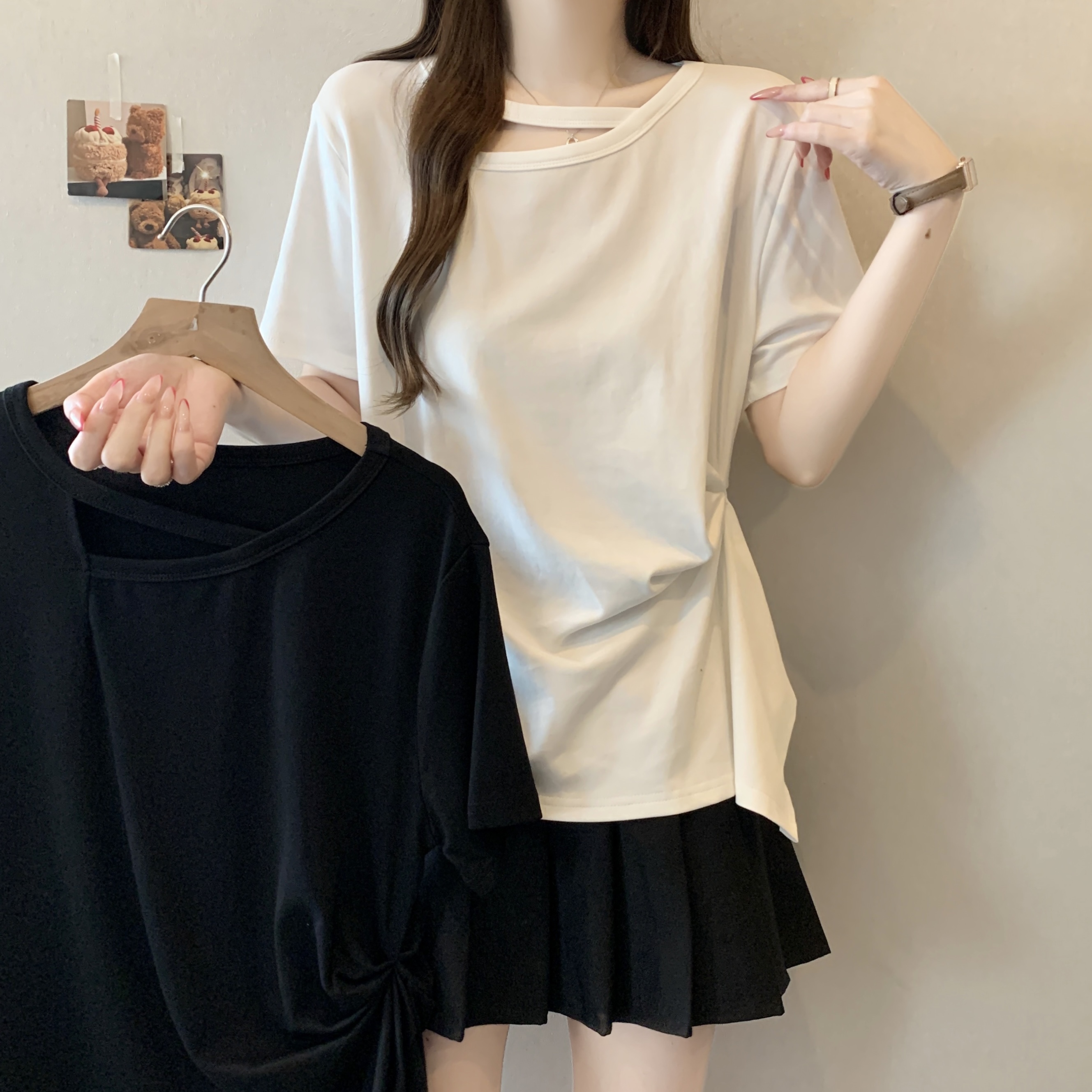 빅 사이즈 지방 mm 2026 비스듬한 언더 바르게 되다 어깨 작은 심장 기계 홀로우 아웃 패션 캐주얼 플리츠 허리 수축 반팔 맨위 티셔츠