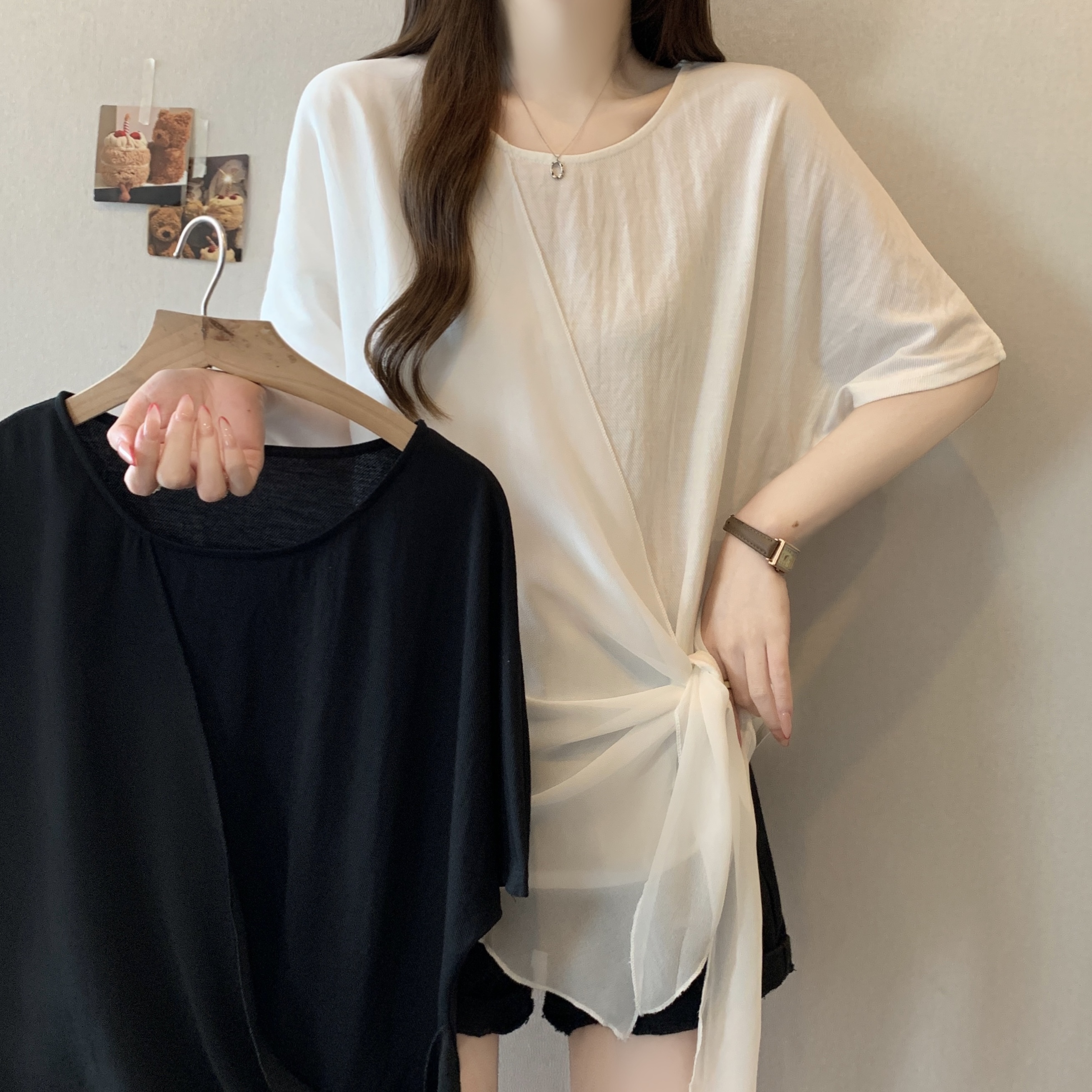 빅 사이즈 불규칙 패치워크 페이크 레이어드 반팔 티셔츠 여성 여름 지방 mm 슬림해 보이는 루즈핏 표지 배 라운드 넥 맨위